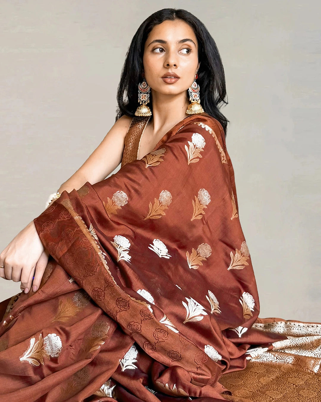 Brown Pure Banarasi Saree with Floral Buta Weaves
