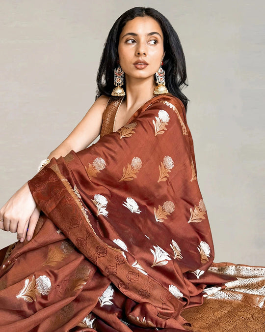 Brown Pure Banarasi Saree with Floral Buta Weaves