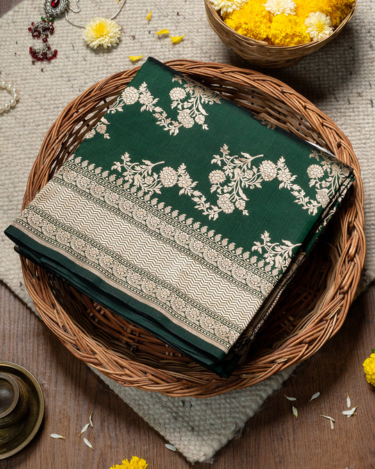 Baghbaan Emerald Green Handloom Silk Saree With Radiant Floral Zari Highlights