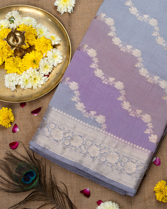 Soft Pastel 'Rangkaat' Pure Banarasi Saree with Stripe Weaves