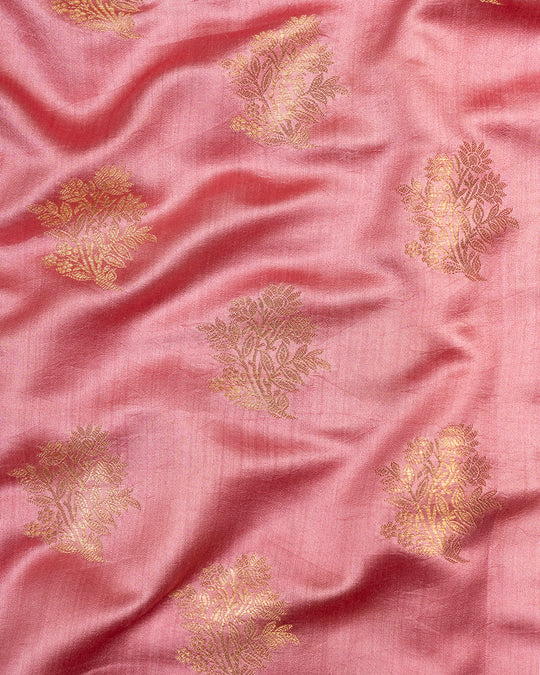 Rosy Peach Glow Pure Banarasi Silk Saree with Timeless Floral Artistry and Antique Zari Highlights