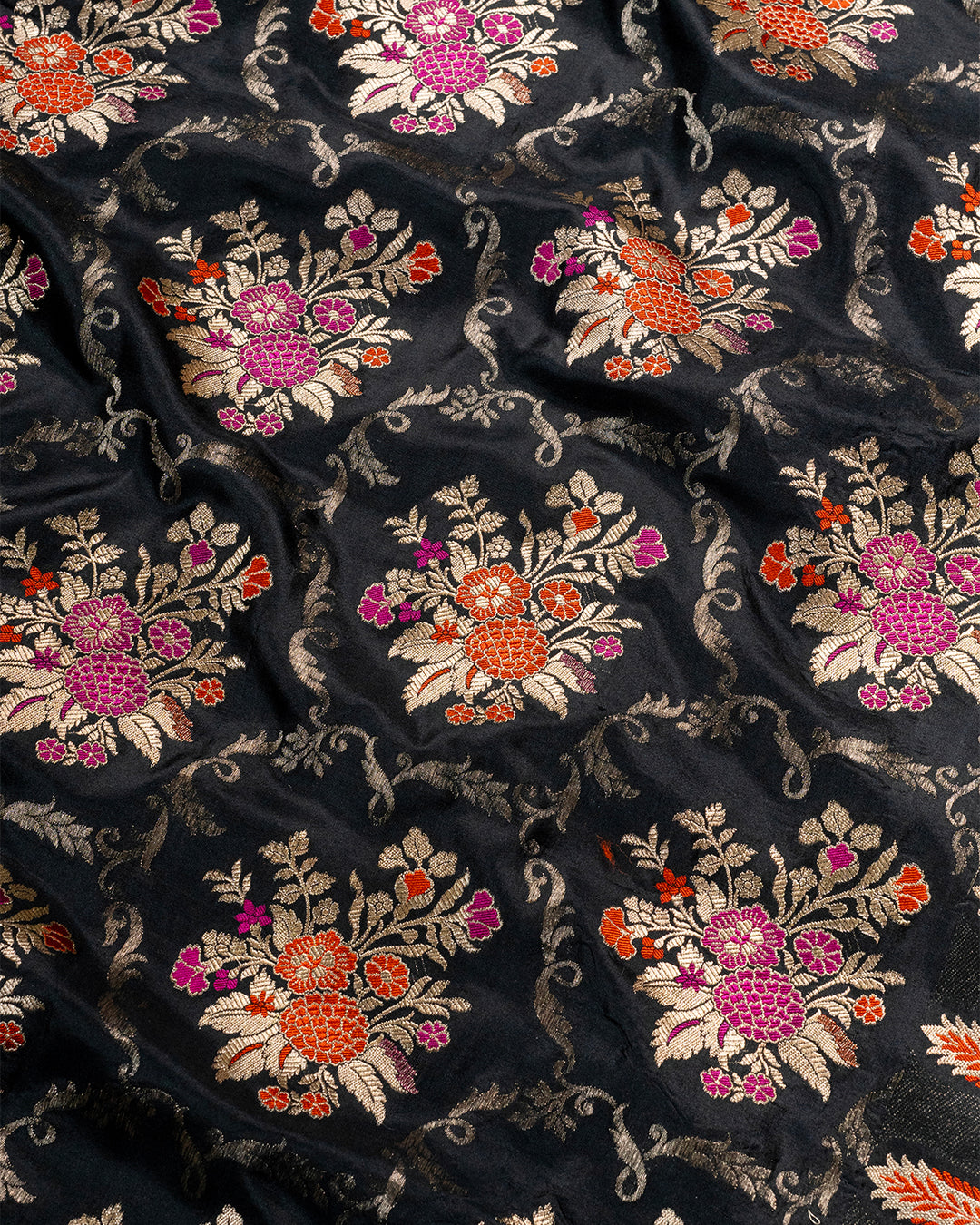 Bahar-e-Black Pure Katan Silk Saree With Colourful Meenakari Floral Boota Charm