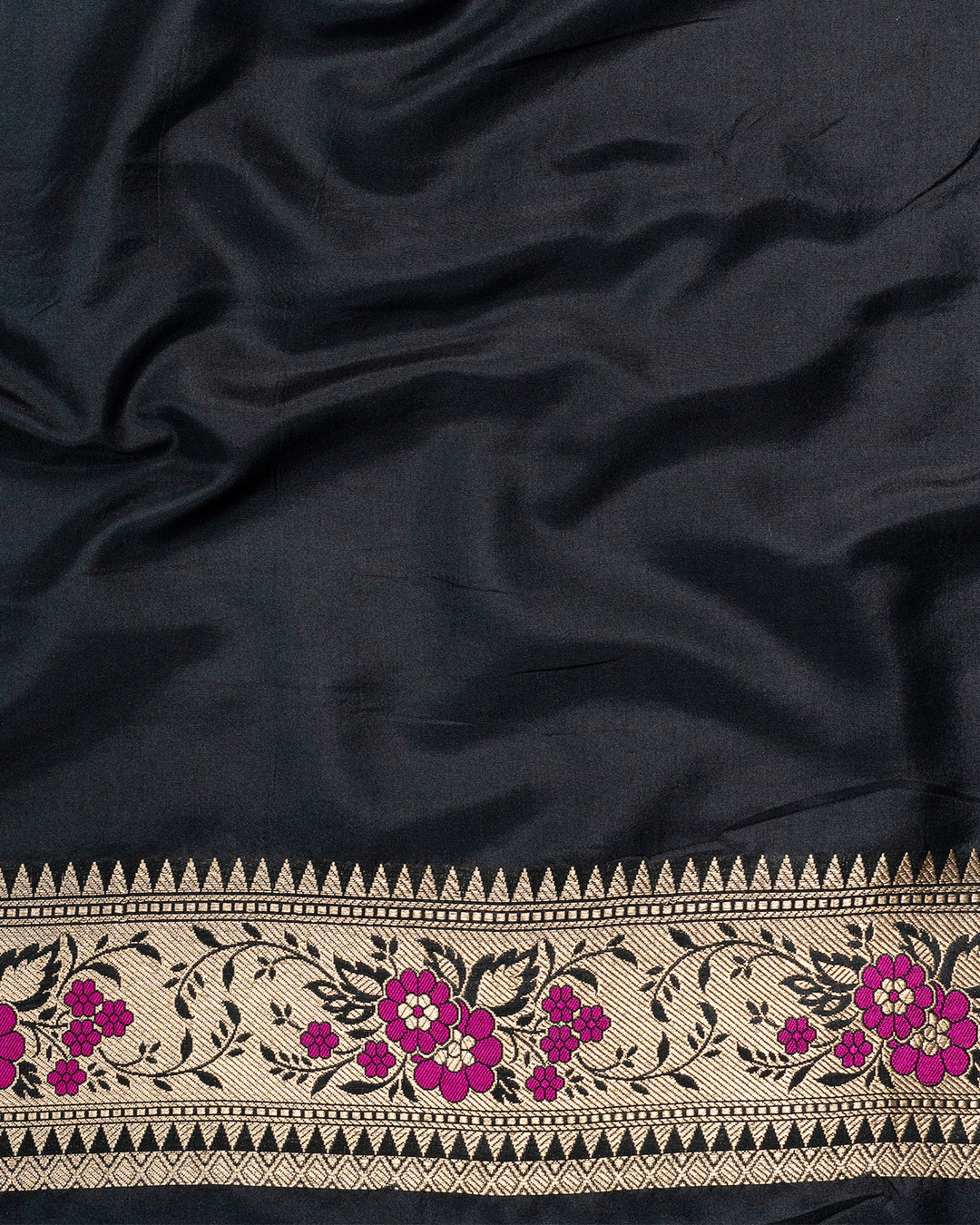 Bahar-e-Black Pure Katan Silk Saree With Colourful Meenakari Floral Boota Charm