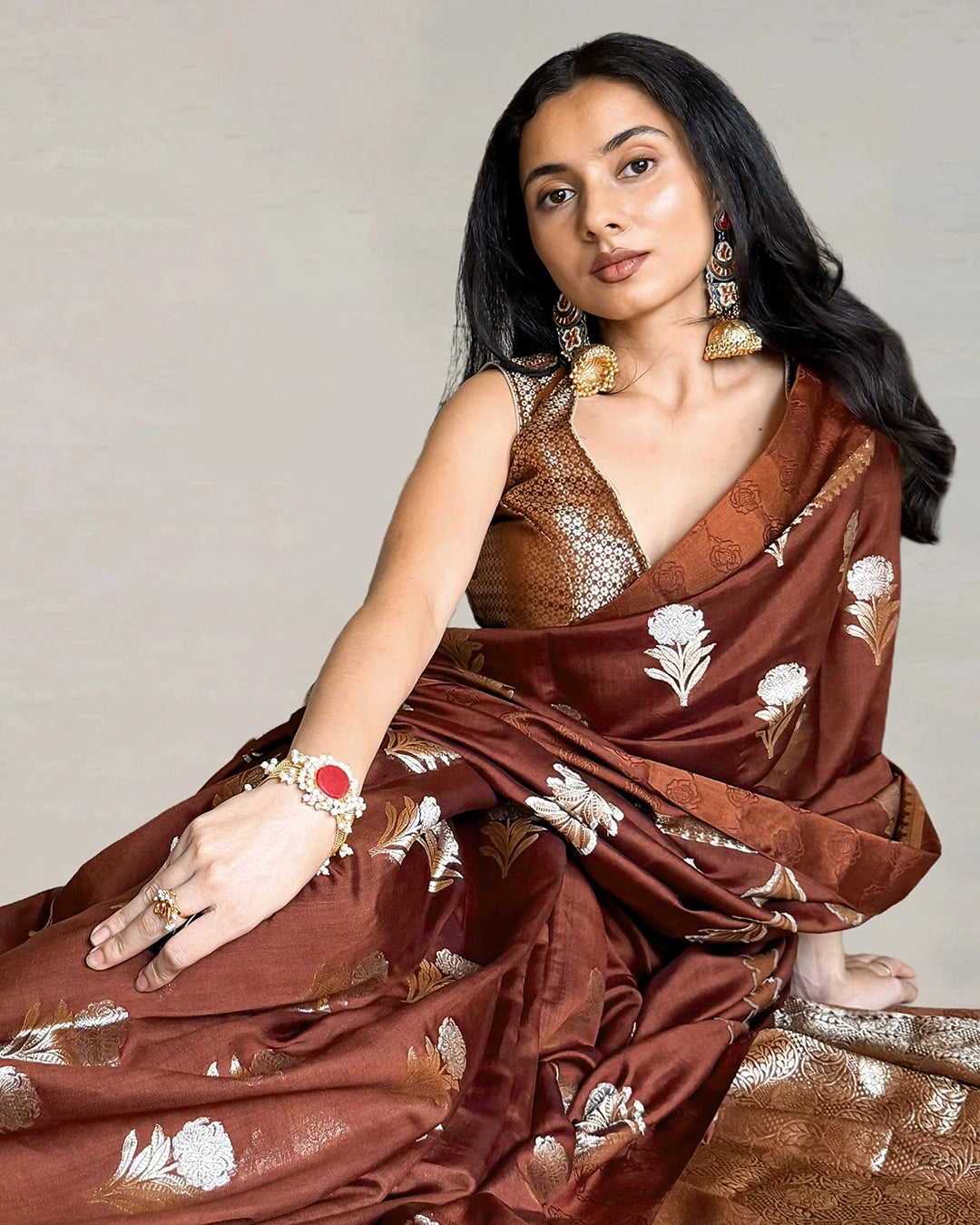 Brown Pure Banarasi Saree with Floral Buta Weaves