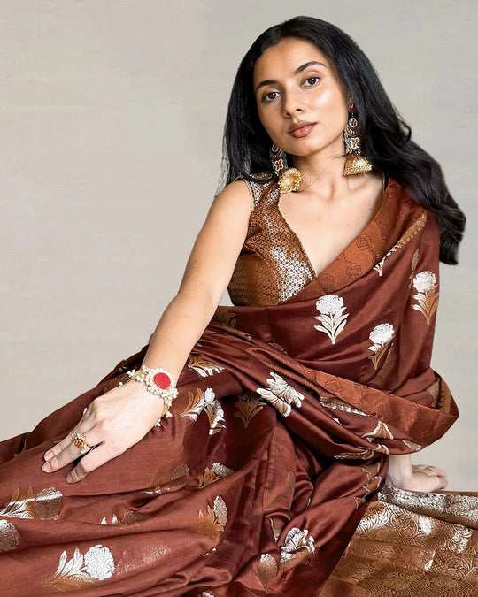 Brown Pure Banarasi Saree with Floral Buta Weaves