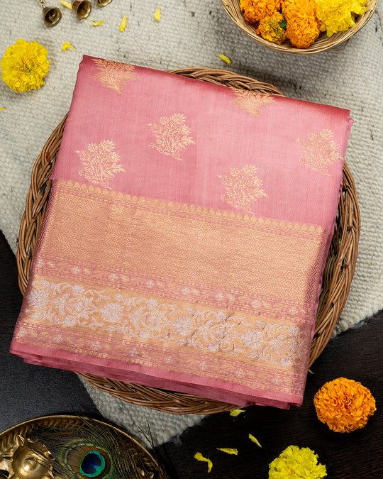 Rosy Peach Glow Pure Banarasi Silk Saree with Timeless Floral Artistry and Antique Zari Highlights