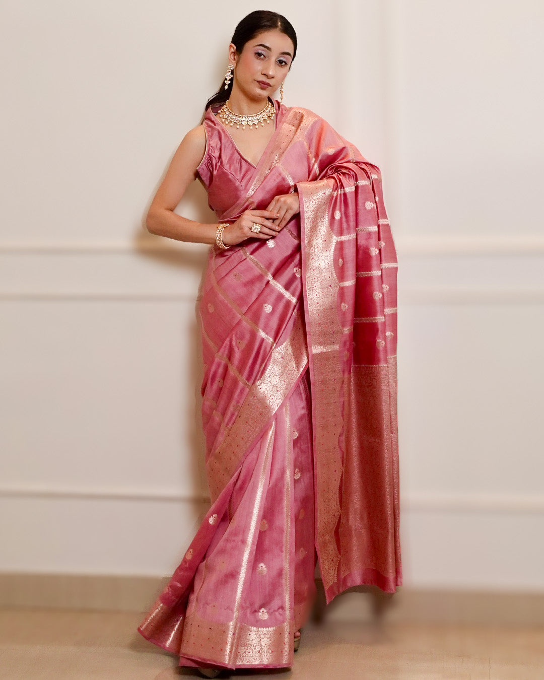 Pink Pure Banarasi Saree with Delicate Butidar Motifs and Graceful Border