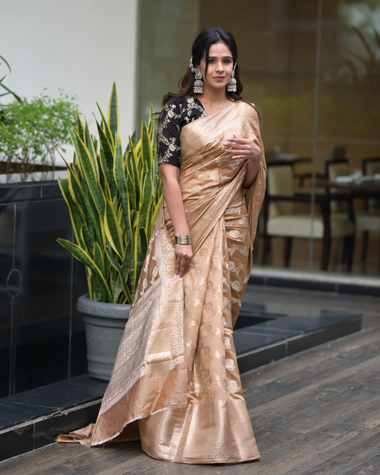 Brown Banarasi Handloom Saree With Handwoven Floral Jaal