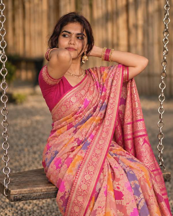 Rani Pink Rangkat Pure Katan Saree with Artistic Multicolor Weaves