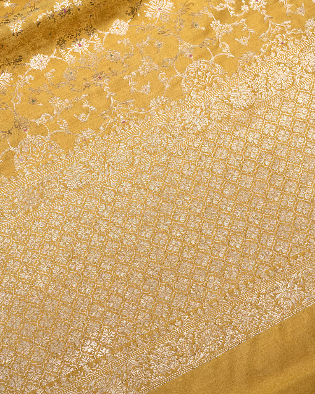 Golden Mustard Pure Banarasi Silk Saree with Floral Zari Jaal and Border
