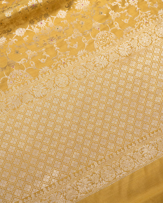 Golden Mustard Pure Banarasi Silk Saree with Floral Zari Jaal and Border