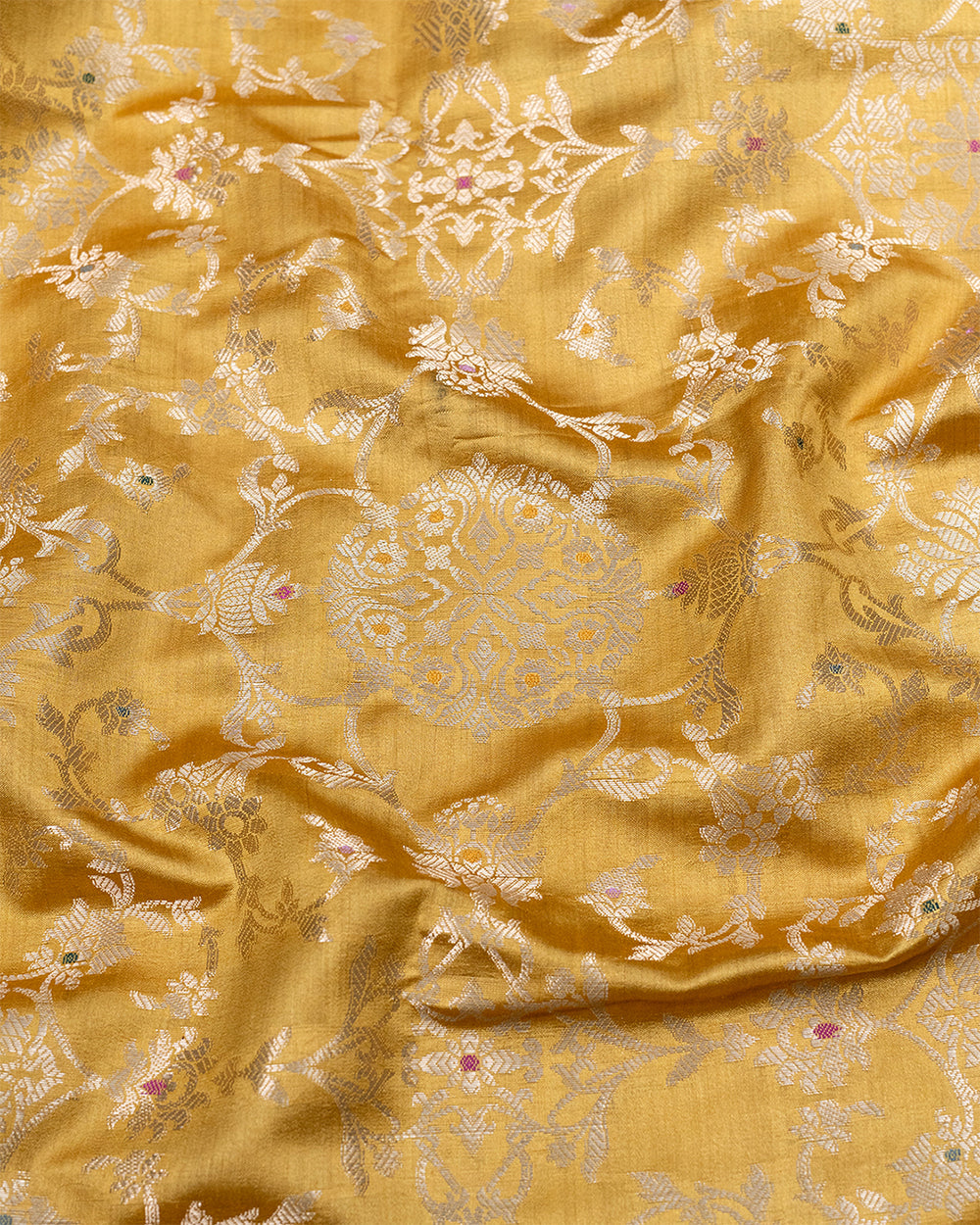 Golden Mustard Pure Banarasi Silk Saree with Floral Zari Jaal and Border