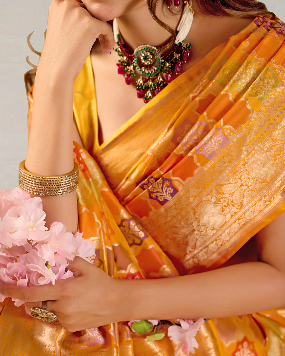 Marigold Pure Katan Rangkat Saree with Multicolored Floral Motifs & Geometric Weaves