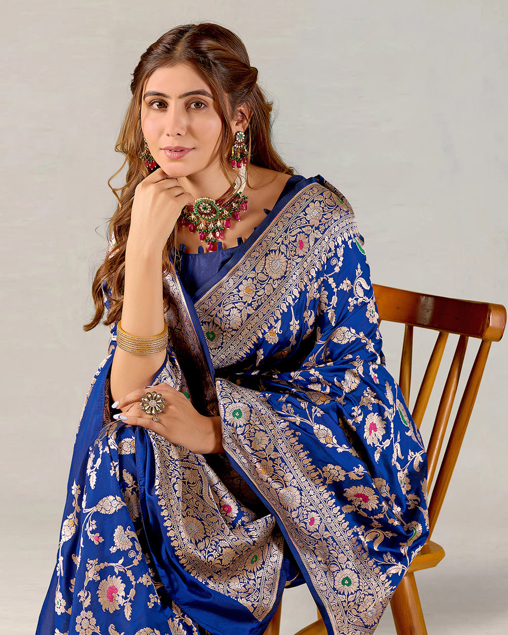 Royal Blue Pure Katan Handwoven Saree with Floral Meenakari Weaves