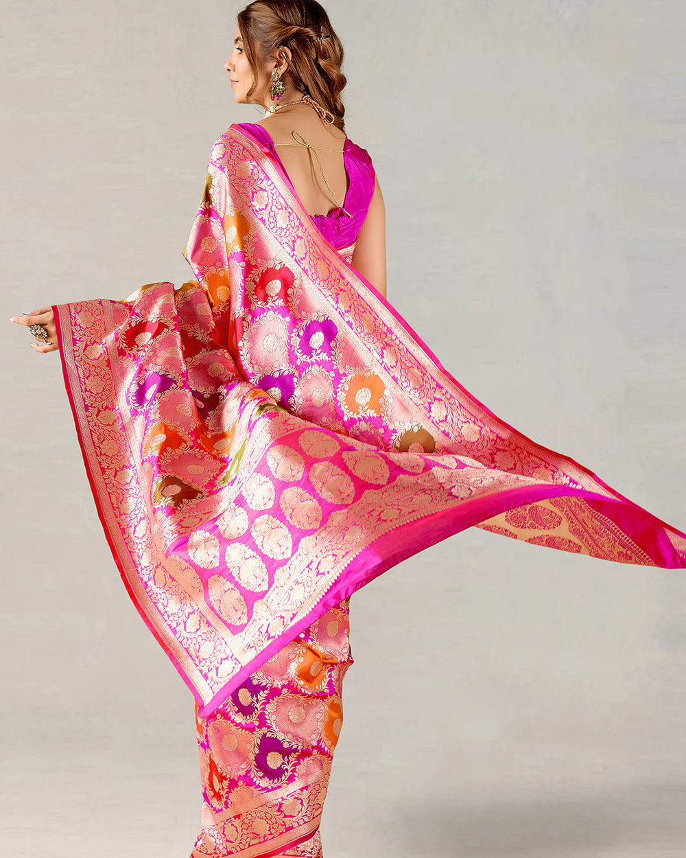 Multi Rangkat Pure Handwoven Katan Saree with Floral Jaal Weaves