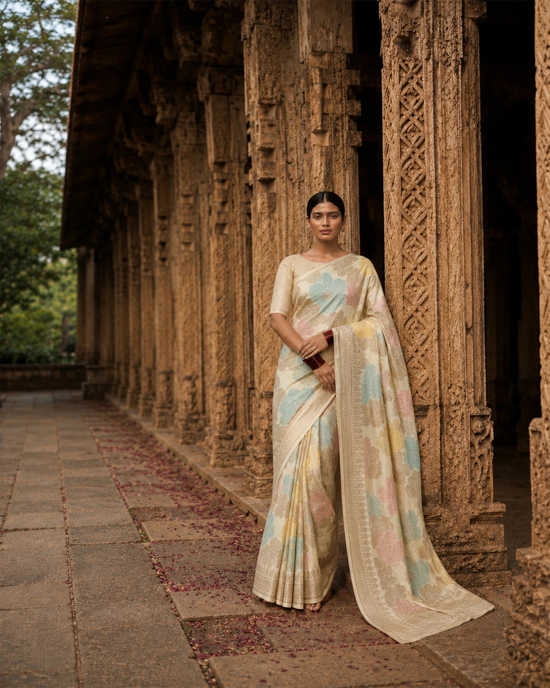Ivory Cream Rangkat Pure Banarasi with Pastel Floral Meenakari Jaal Weaving