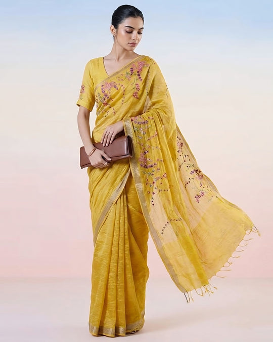Yellow Pure Linen Saree with Artisan Hand Threadwork Floral Embroidery