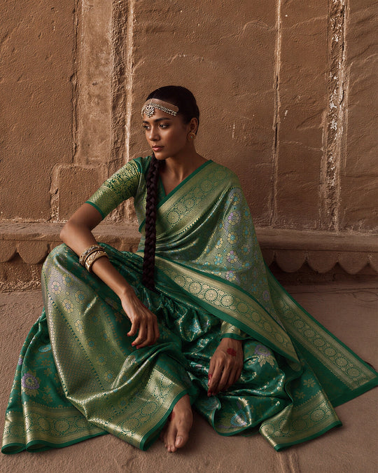Green Pure Banarasi Saree with Pastel Floral Meenakari Weaving