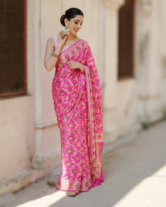 Eternal Pink Ocean Tones Pure Chiffon Saree with Opulent Floral Embellishments