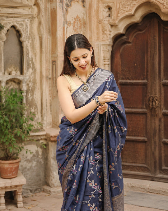 Blue Pure Banarasi Saree with Floral Meenakari Zari Weaving