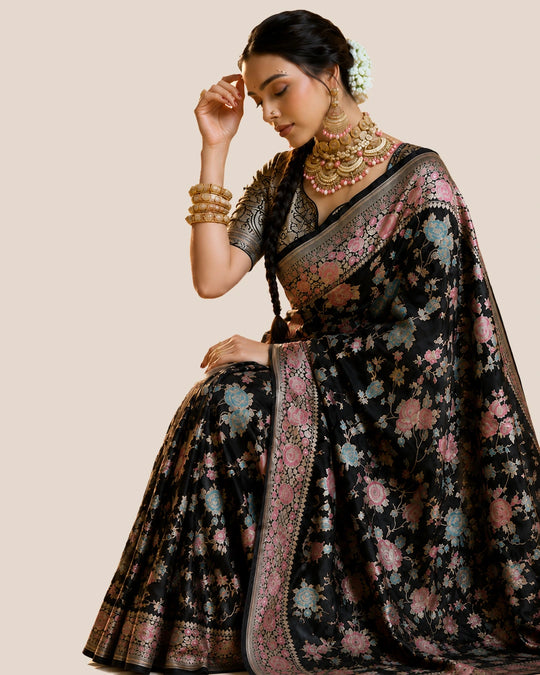 Black Pure Katan Saree with Legacy Meenakari Floral Craftsmanship