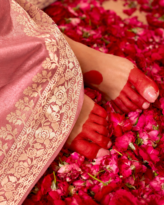 Dusty Rose Pure Banarasi Saree with Floral Meena Weaves