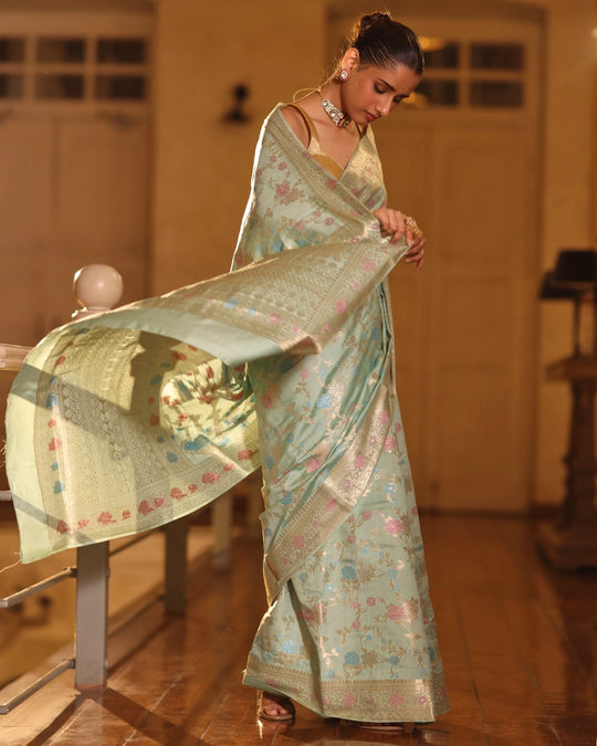 Sea Green Pure Banarasi Saree with Multicolor Floral Jaal Weaving