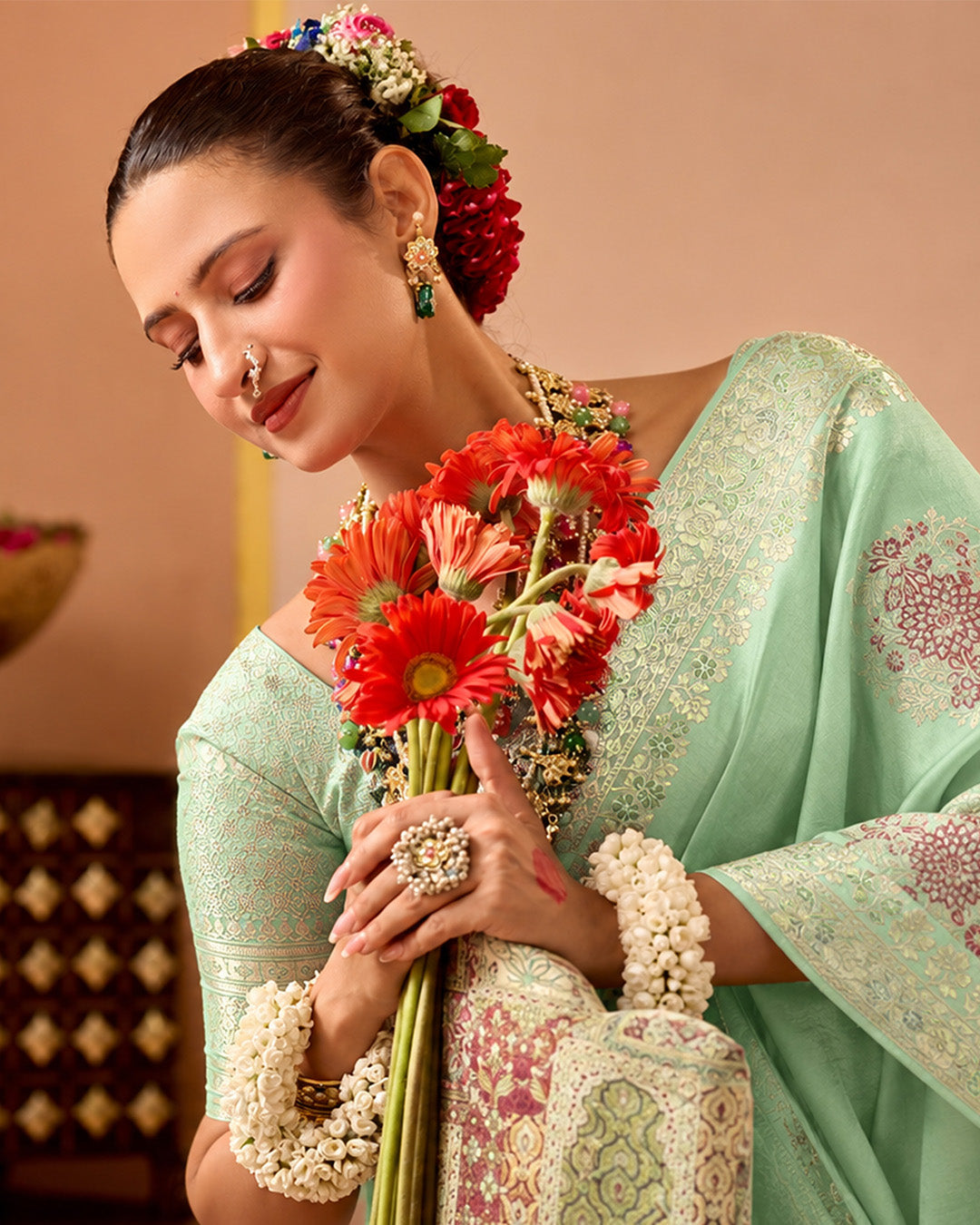 Celadon Pure Banarasi Silk Saree with Graceful Meenakari Floral Weaving