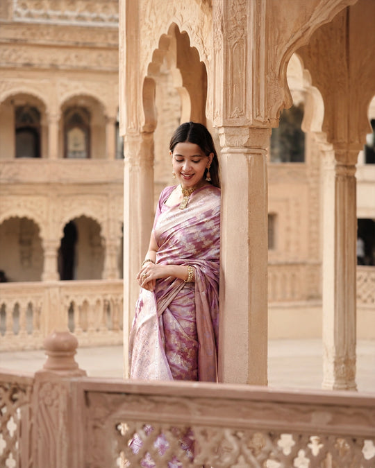 Soft Lilac Pure Banarasi Saree with Intricate Floral Zari Weaving