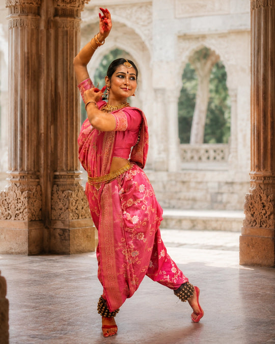 Pink Pure Banarasi Saree with Floral Meenakari Trail Weaves
