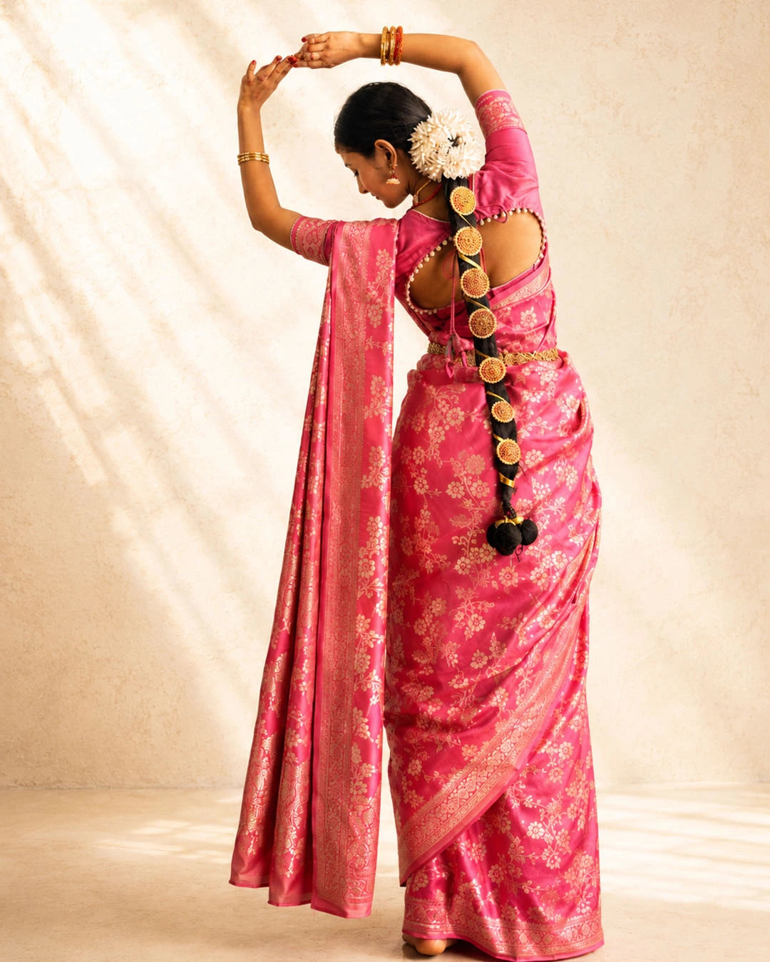 Pink Pure Banarasi Saree with Floral Meenakari Trail Weaves