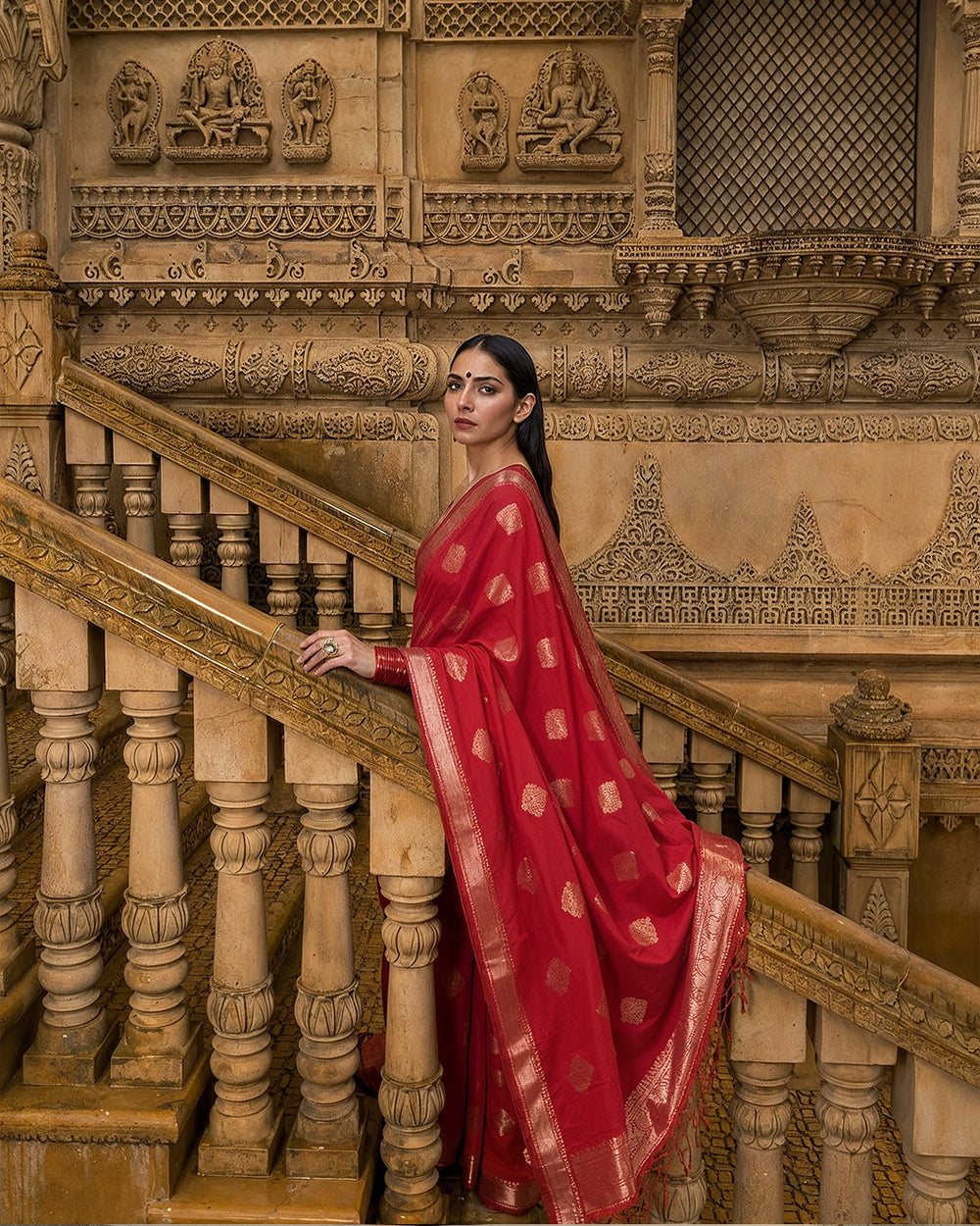 Cherry Red Pure Banarasi Saree with Traditional Zari Buta Weaves