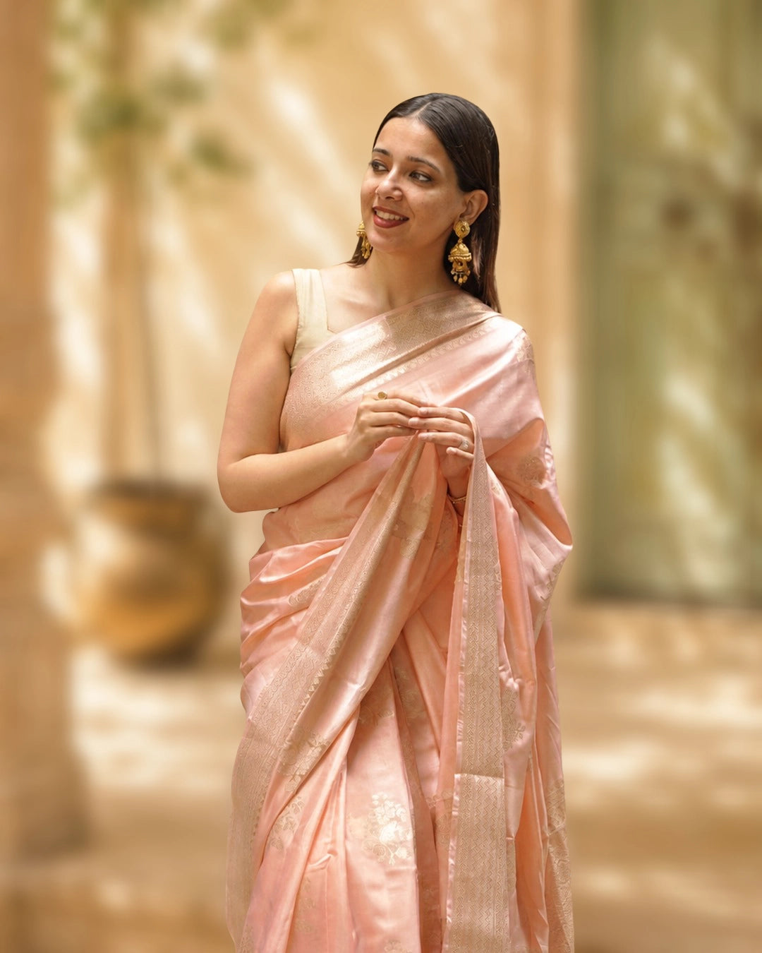 Salmon Peach Pure Banarasi Saree with Fine Zari Floral Motifs Weaves
