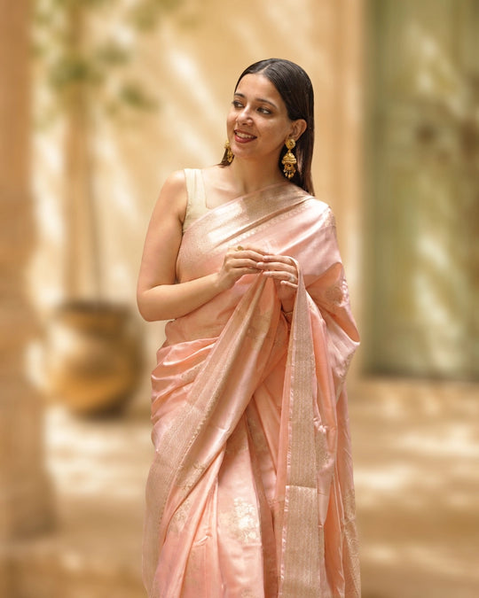 Salmon Peach Pure Banarasi Saree with Fine Zari Floral Motifs Weaves