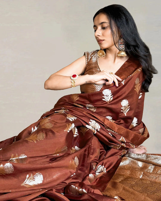 Brown Pure Banarasi Saree with Floral Buta Weaves