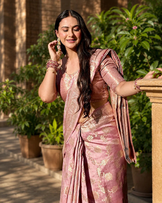 Dusty Lilac Pure Banarasi Saree with Regal Floral Jaal Weaves
