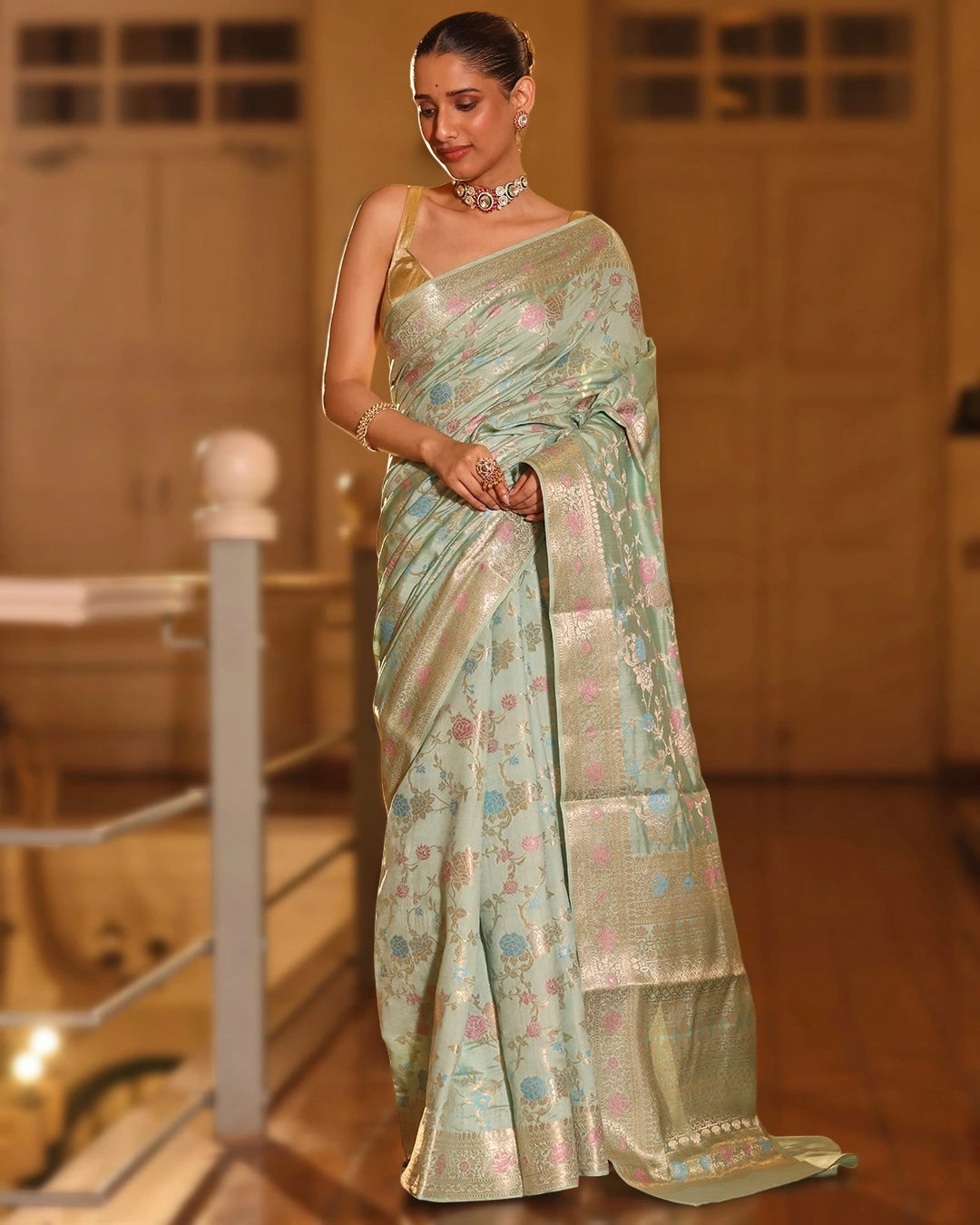 Sea Green Pure Banarasi Saree with Multicolor Floral Jaal Weaving