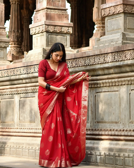 Cherry Red Pure Banarasi Saree with Traditional Zari Buta Weaves