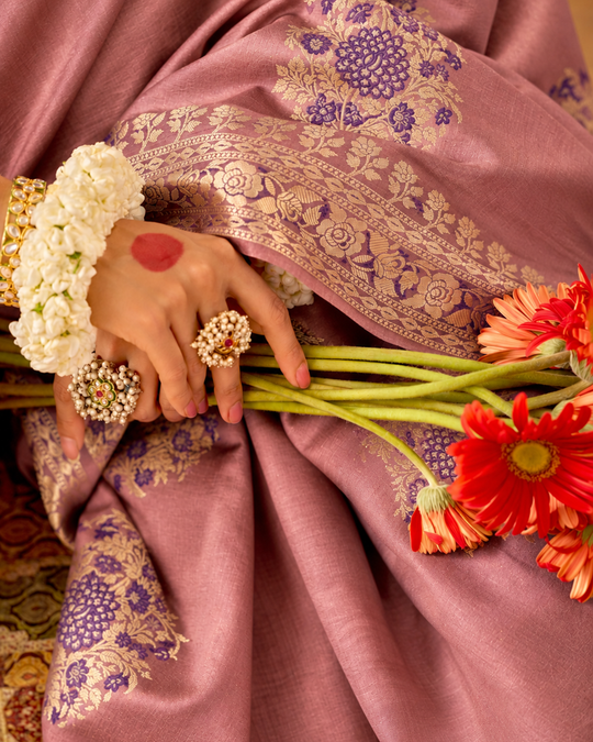 Dusty Rose Pure Banarasi Saree with Floral Meena Weaves