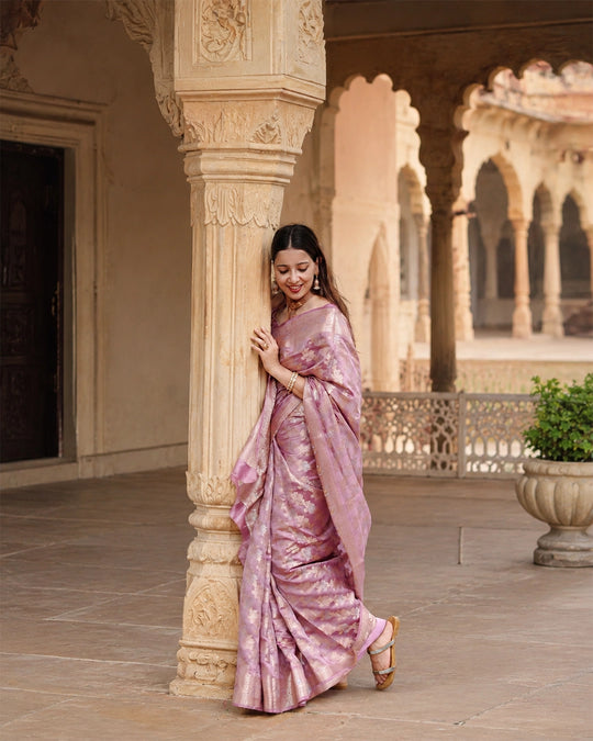 Soft Lilac Pure Banarasi Saree with Intricate Floral Zari Weaving