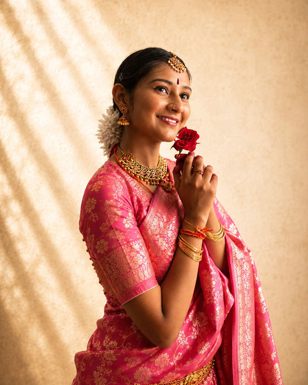 Pink Pure Banarasi Saree with Floral Meenakari Trail Weaves