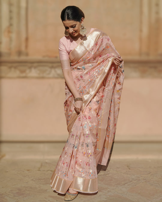 Imperial Delicate Pink Pure Sooti Cotton Saree with Exquisite Floral Designs