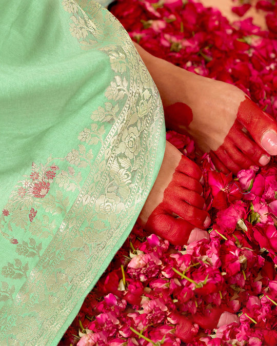 Celadon Pure Banarasi Silk Saree with Graceful Meenakari Floral Weaving