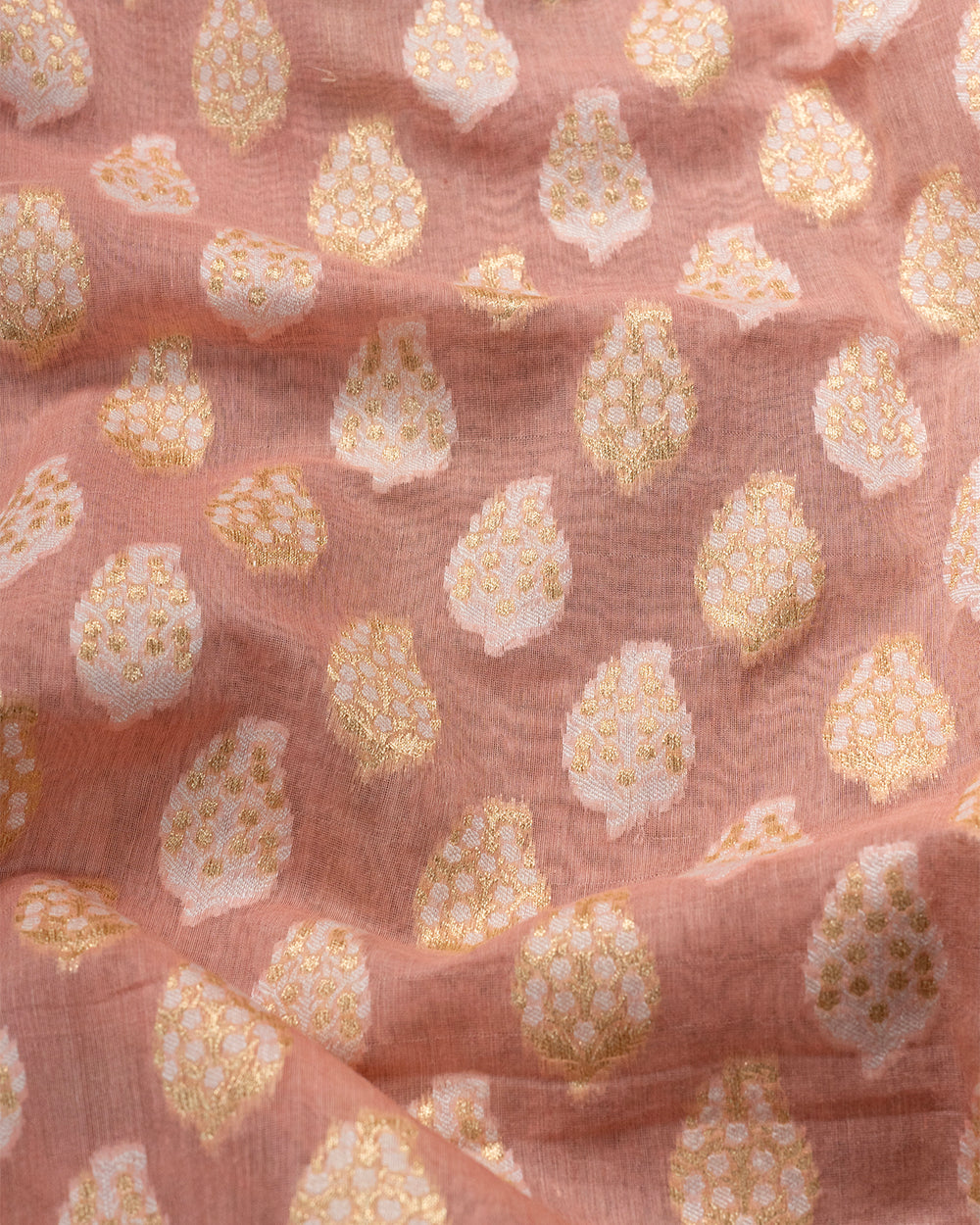 Gulabi Peach Banarasi Sooti Cotton Handwoven Saree Enchanted With Golden Leafy Motifs