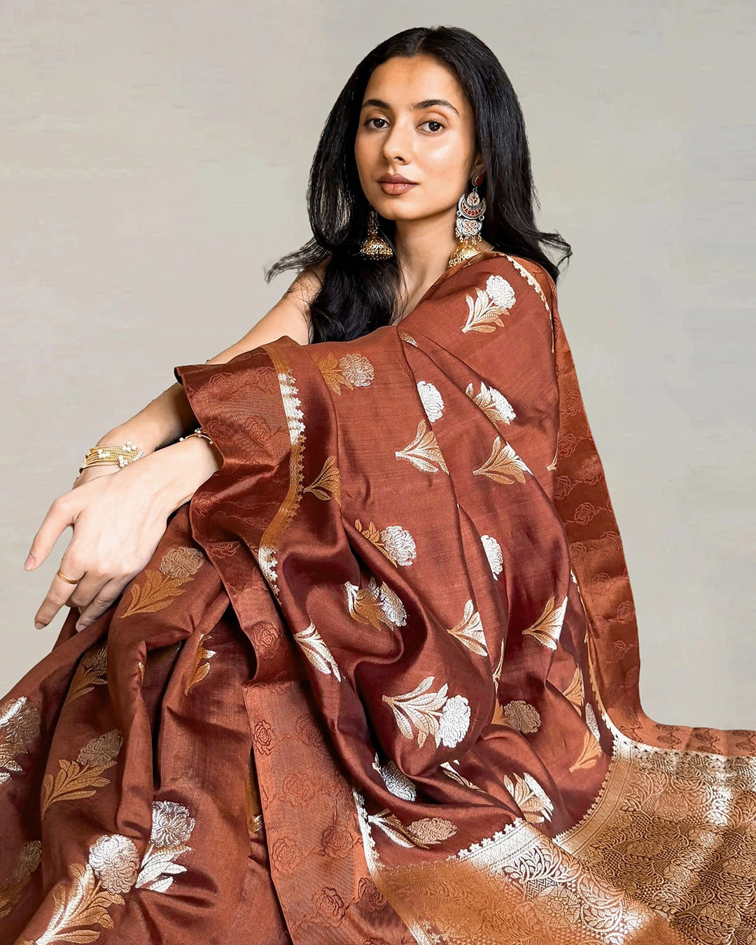 Brown Pure Banarasi Saree with Floral Buta Weaves