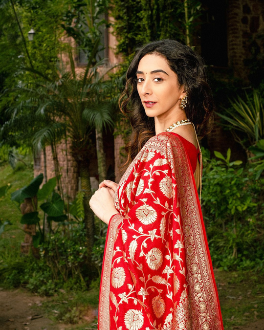 Sovereign Red Handwoven Muga Silk Saree with Luxe Zari Weaves