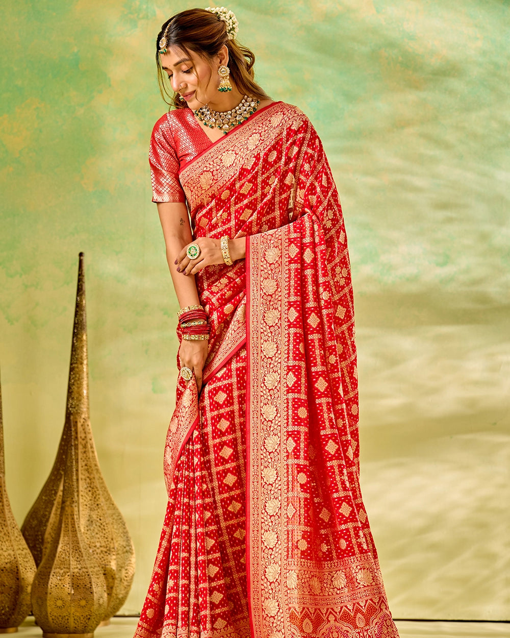 Red Khaddi Georgette Bandhej Saree with Regal Geometric Weaves