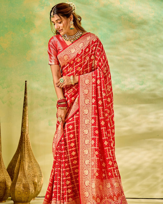 Red Khaddi Georgette Bandhej Saree with Regal Geometric Weaves