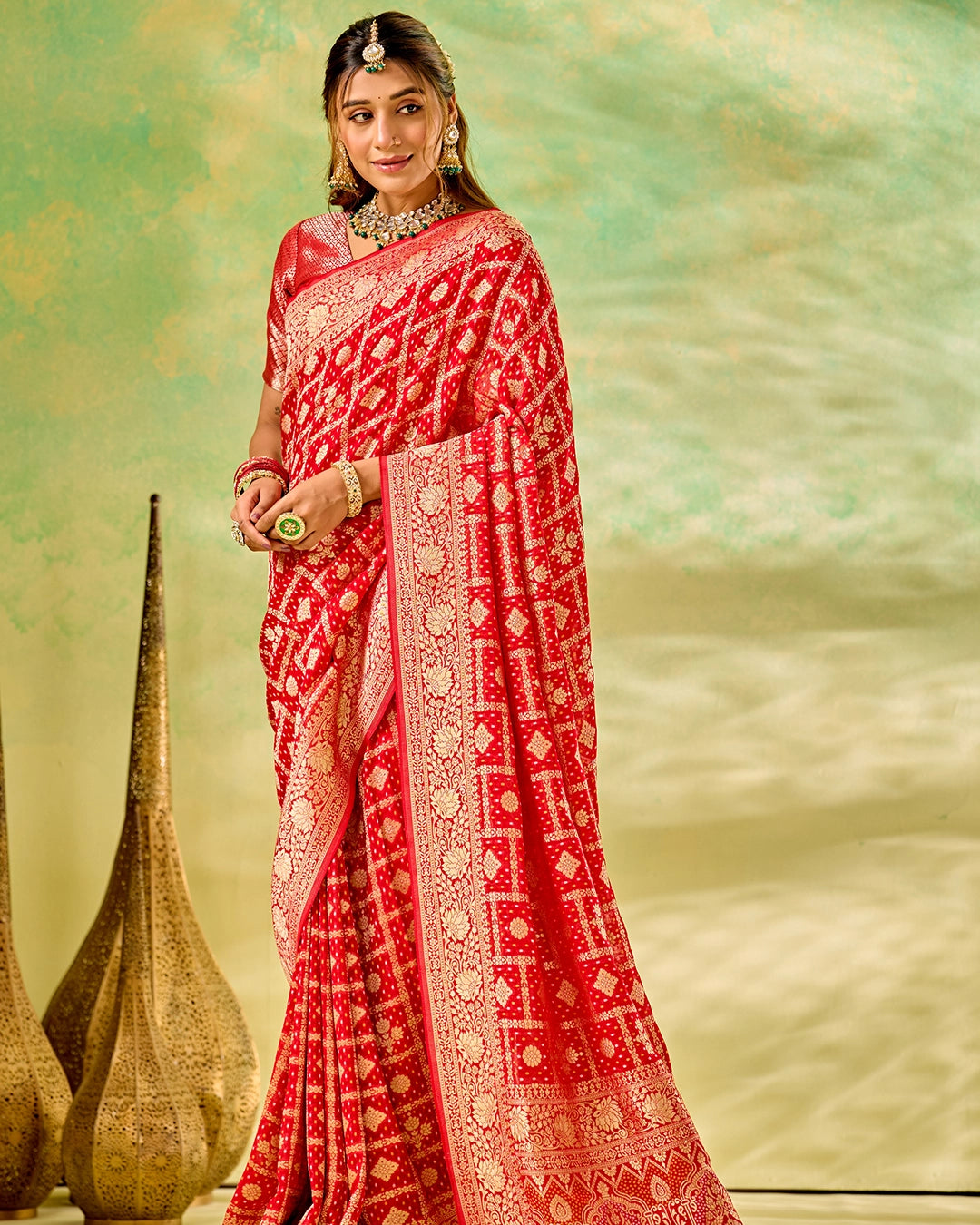 Red Khaddi Georgette Bandhej Saree with Regal Geometric Weaves