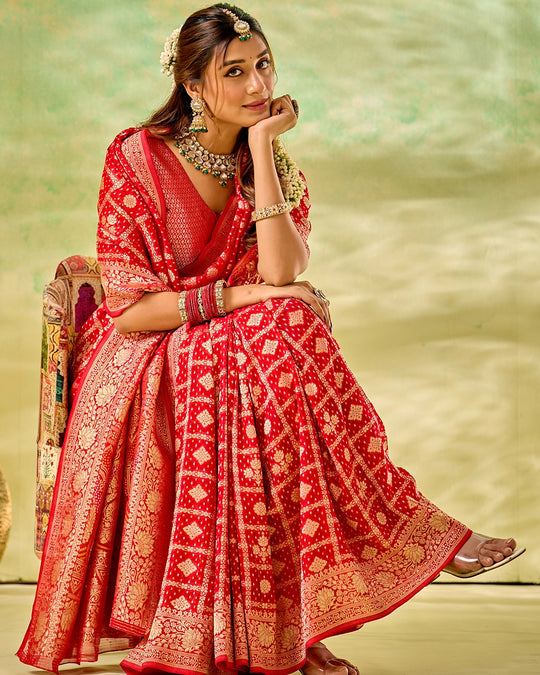 Red Khaddi Georgette Bandhej Saree with Regal Geometric Weaves